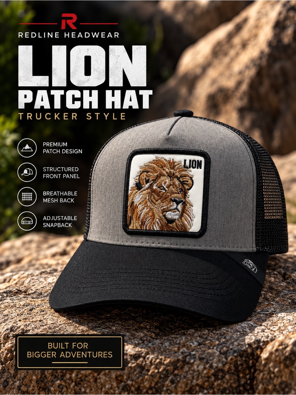 Lion Patch Trucker Hat – Gray & Black Embroidered Lion Snapback Cap